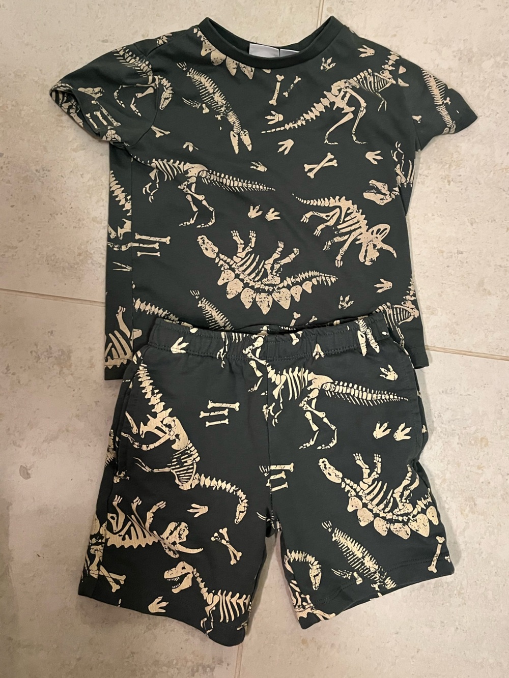 Lilly & Dan Toddler Dinosaur Set in Dark Green with Cream Print 3T